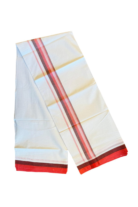 19% DISCOUNT!!! KaithariKada Balaramapuram 100% Cotton Double PURE white Mundu/Dhoti-100x100 White side stripes Red & Maroon shaded  kara  - 48KK83VIN