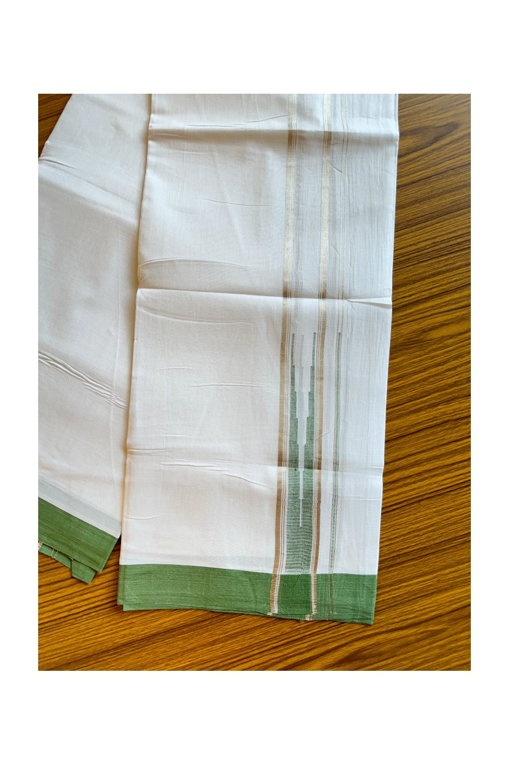 21% DISCOUNT!! Kaitharikada Balaramapuram 100% Cotton PURE WHITE Double Mundu/Dothi-100x100 Puliyilakkara CHUTTY 1.75 Inch Light Green & SILVER STRIPED Cotton Kara - 48KK424CEE