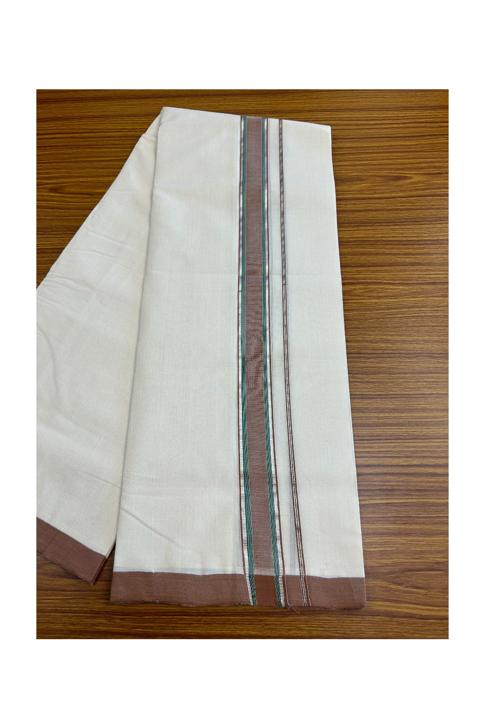 8% DISCOUNT!! KaithariKada HANDLOOM Millpaav Balaramapuram - 100% PURE Cotton OFF White Double - (Unbleached) Mundu/Dothi - 2.5 inch BROWN & GREEN SILVER KASAVU Stripes Kara - 48KK5029RAM