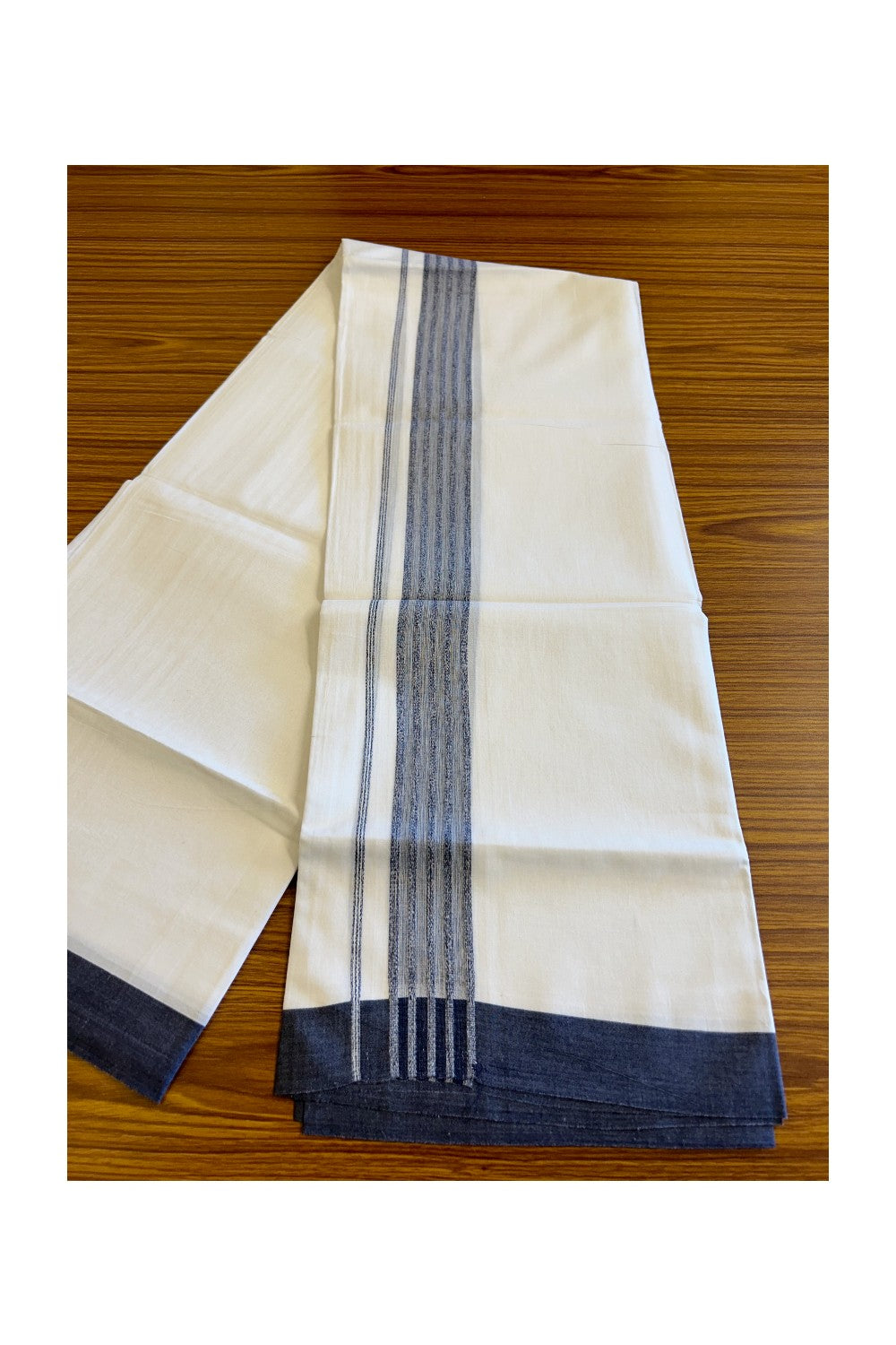 21% DISCOUNT!! Kaitharikada Balaramapuram 100% Cotton Ultra WHITE Double Mundu/Dothi-100x80 NAVY BLUE Striped Cotton Kara - 48KK73VAS