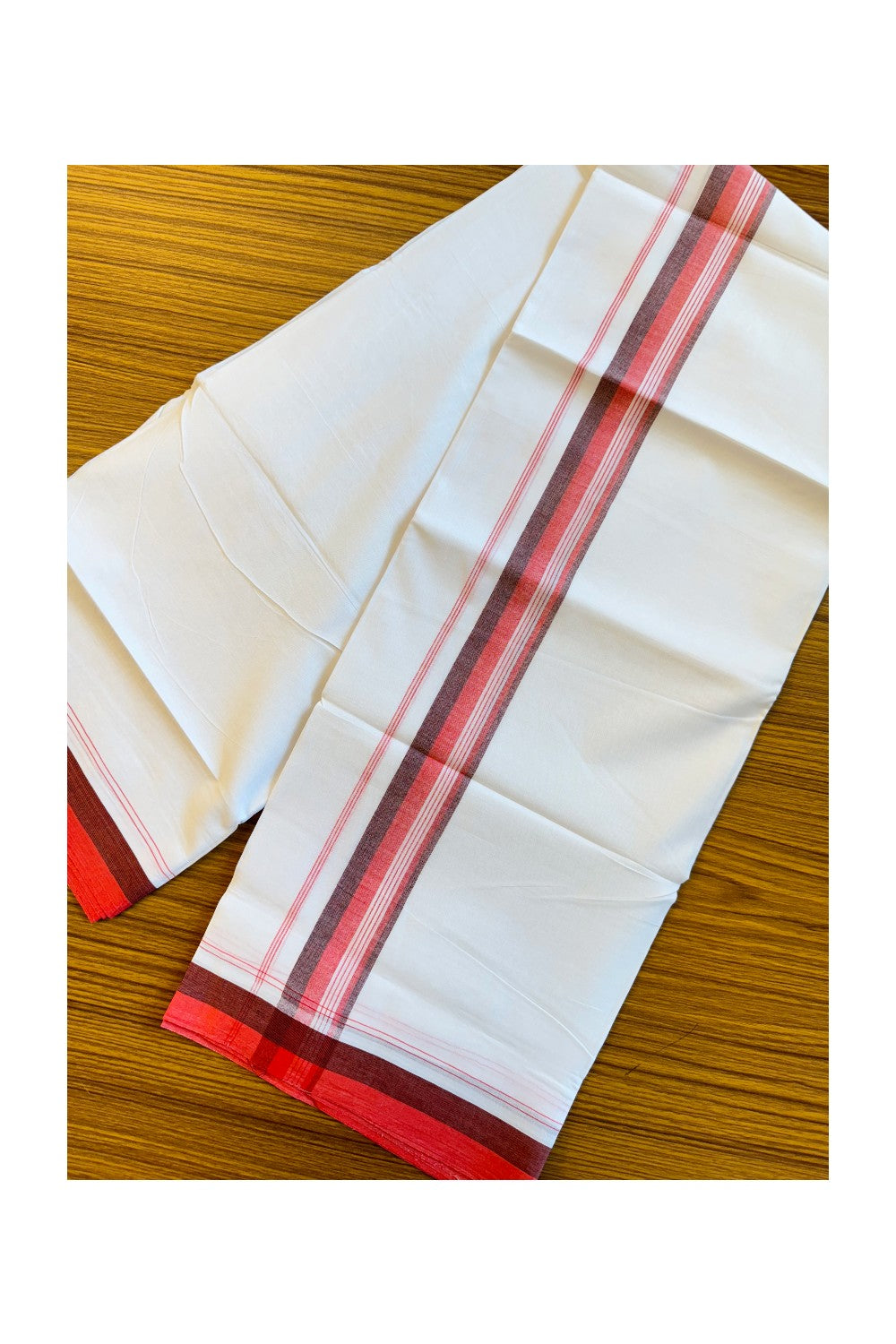 19% DISCOUNT!!! KaithariKada Balaramapuram 100% Cotton Double PURE white Mundu/Dhoti-100x100 White side stripes Red & Maroon shaded  kara  - 48KK83VIN