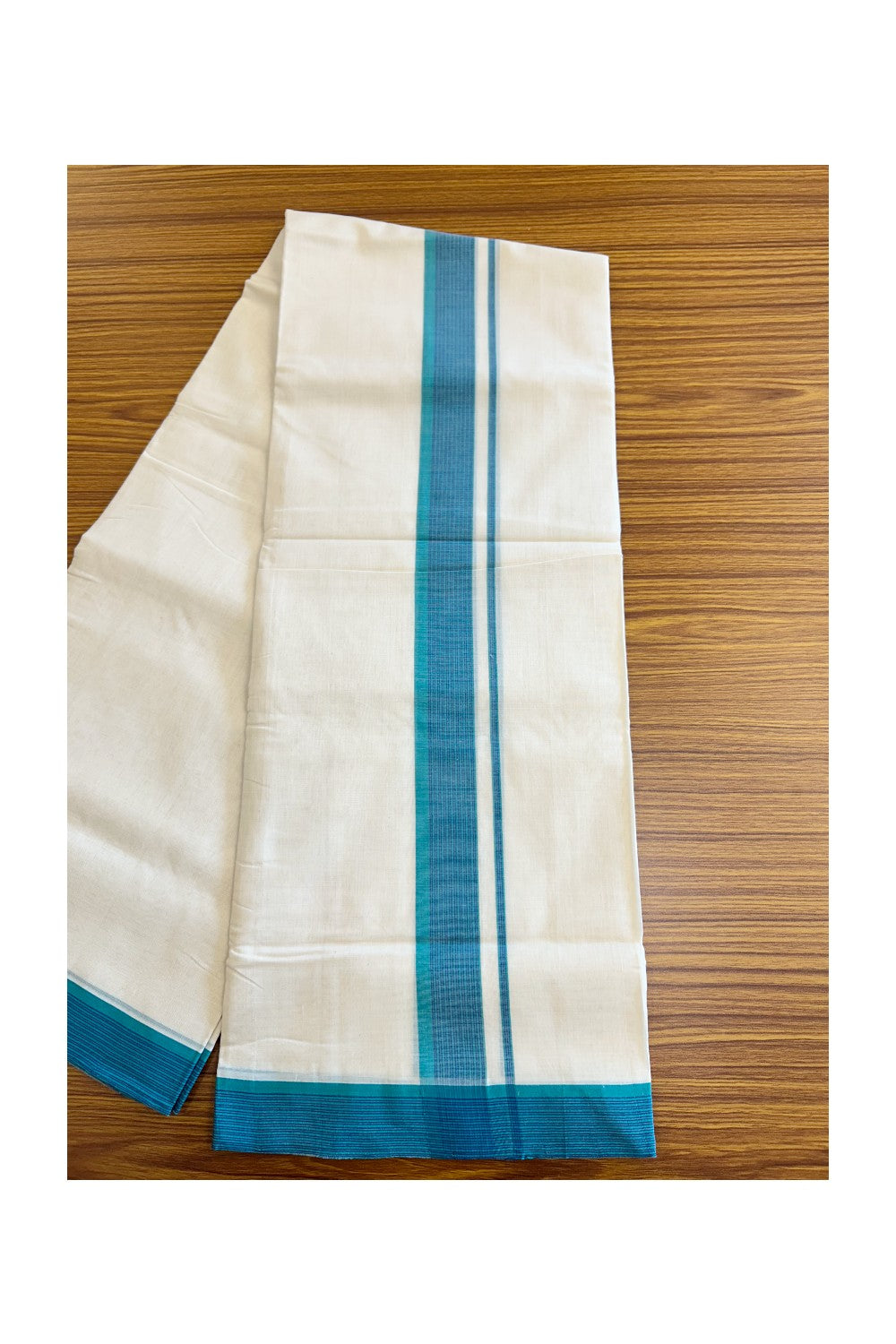 21% DISCOUNT!! KaithariKada HANDLOOM Unakkupaavu Balaramapuram - 100% PURE Cotton OFF White (Unbleached) Double Mundu/Dothi - Blue striped green kara - 20KK203RAM