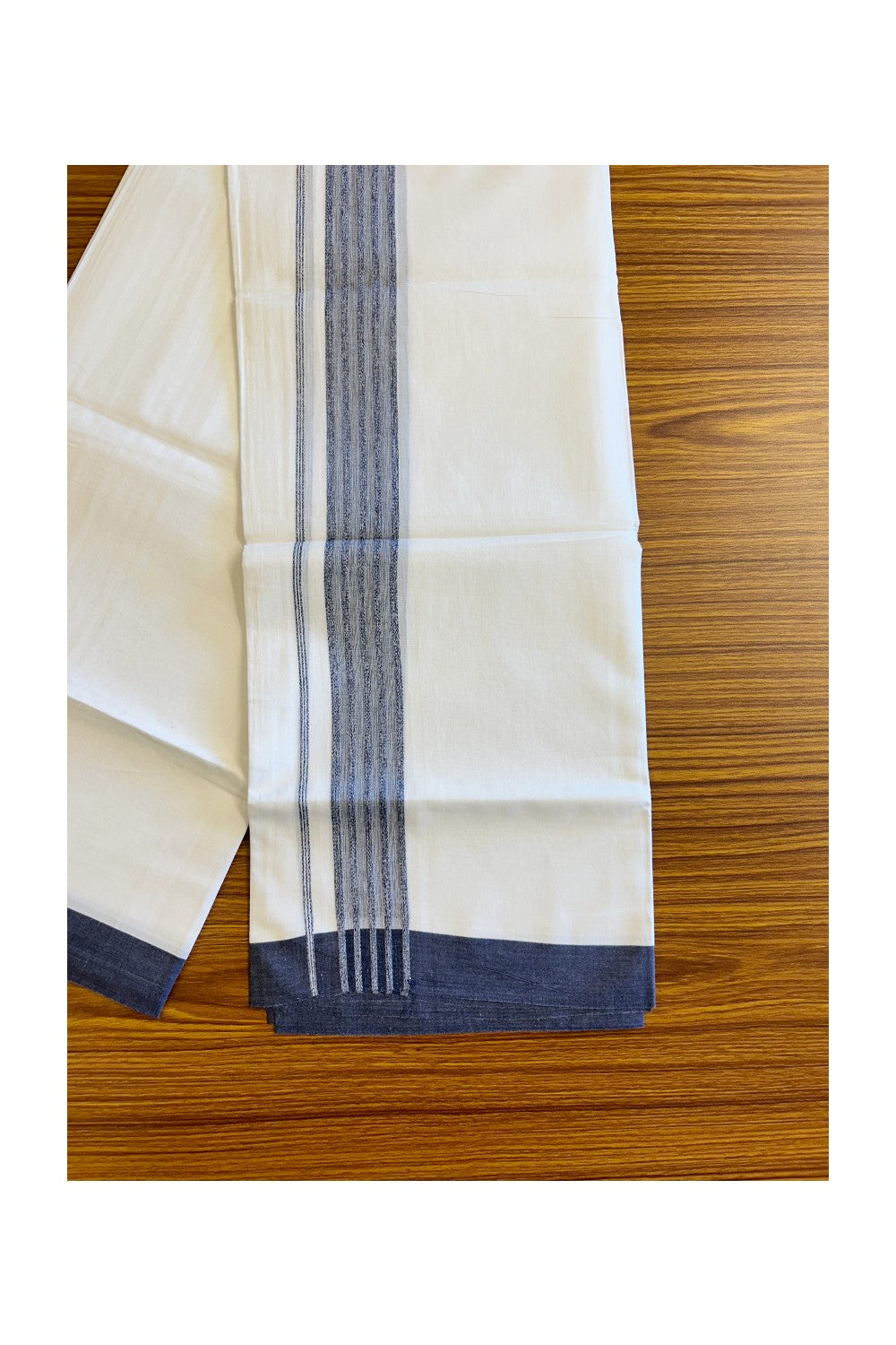 21% DISCOUNT!! Kaitharikada Balaramapuram 100% Cotton Ultra WHITE Double Mundu/Dothi-100x80 NAVY BLUE Striped Cotton Kara - 48KK73VAS