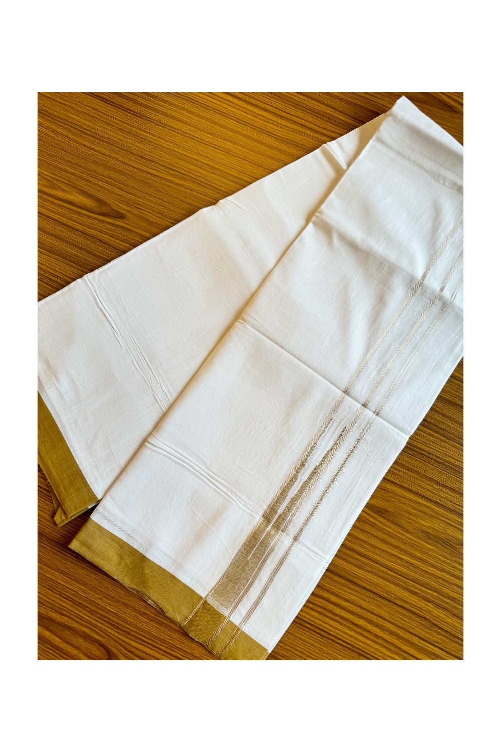 21% DISCOUNT!! Kaitharikada Balaramapuram 100% Cotton PURE WHITE Double Mundu/Dothi-100x100 Puliyilakkara CHUTTY 1.75 Inch Yellow Brown & SILVER STRIPED Cotton Kara - 49KK424CEE