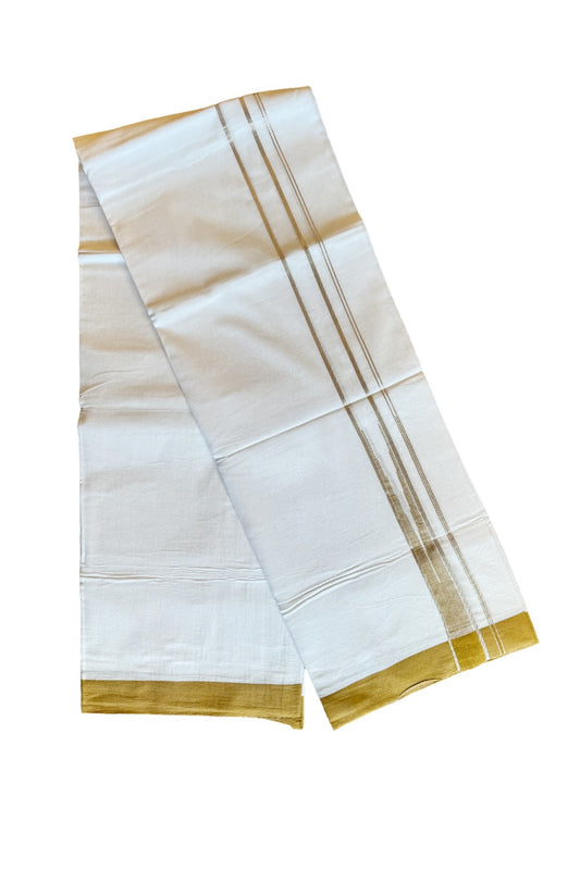 21% DISCOUNT!! Kaitharikada Balaramapuram 100% Cotton PURE WHITE Double Mundu/Dothi-100x100 Puliyilakkara CHUTTY 1.75 Inch Yellow Brown & SILVER STRIPED Cotton Kara - 49KK424CEE