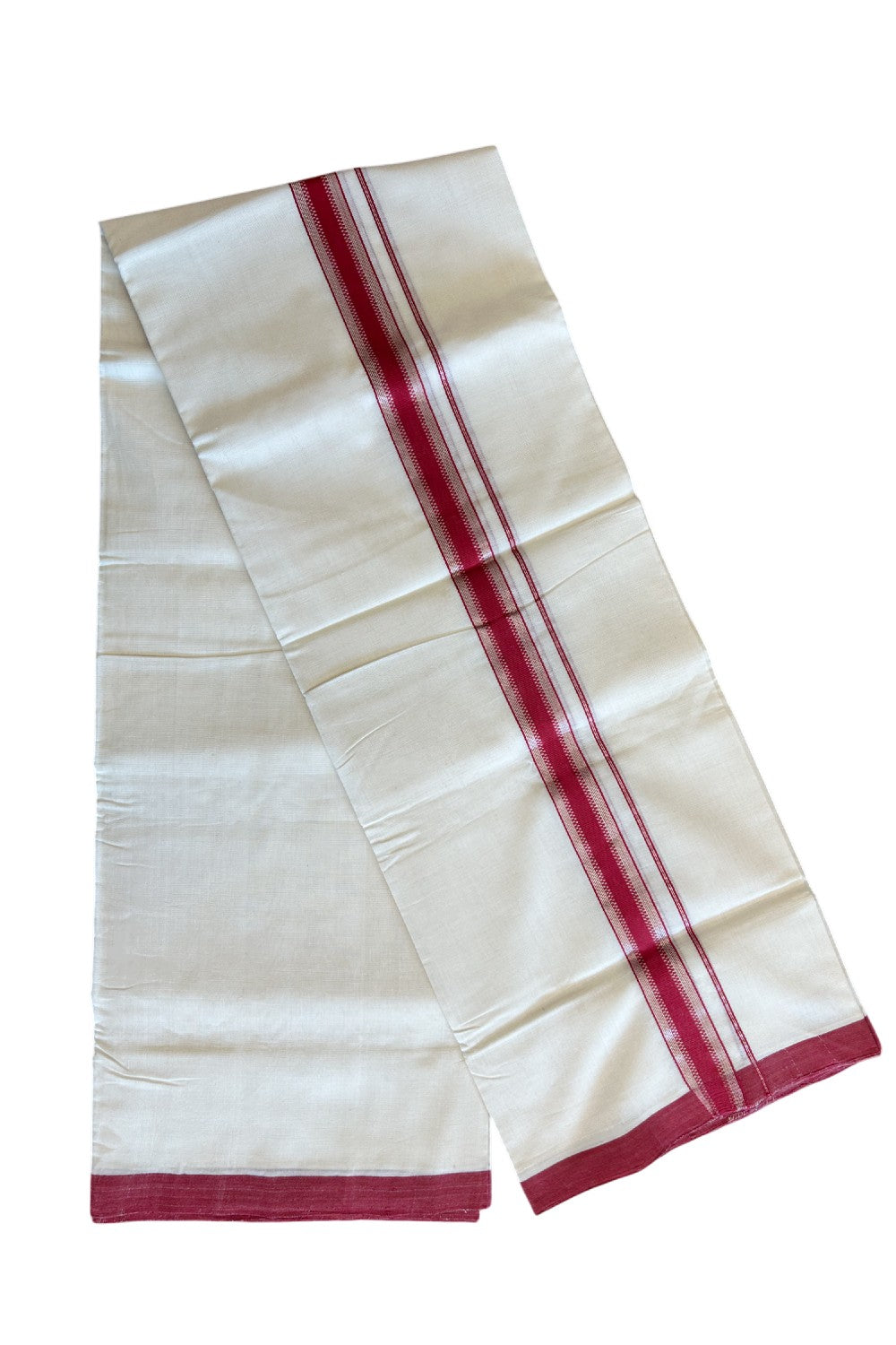 21% DISCOUNT!! KaithariKada HANDLOOM Unakkupaavu Balaramapuram - 100% PURE Cotton OFF White (Unbleached) Double Mundu/Dothi - Silver striped red kara - 17KK203RAM