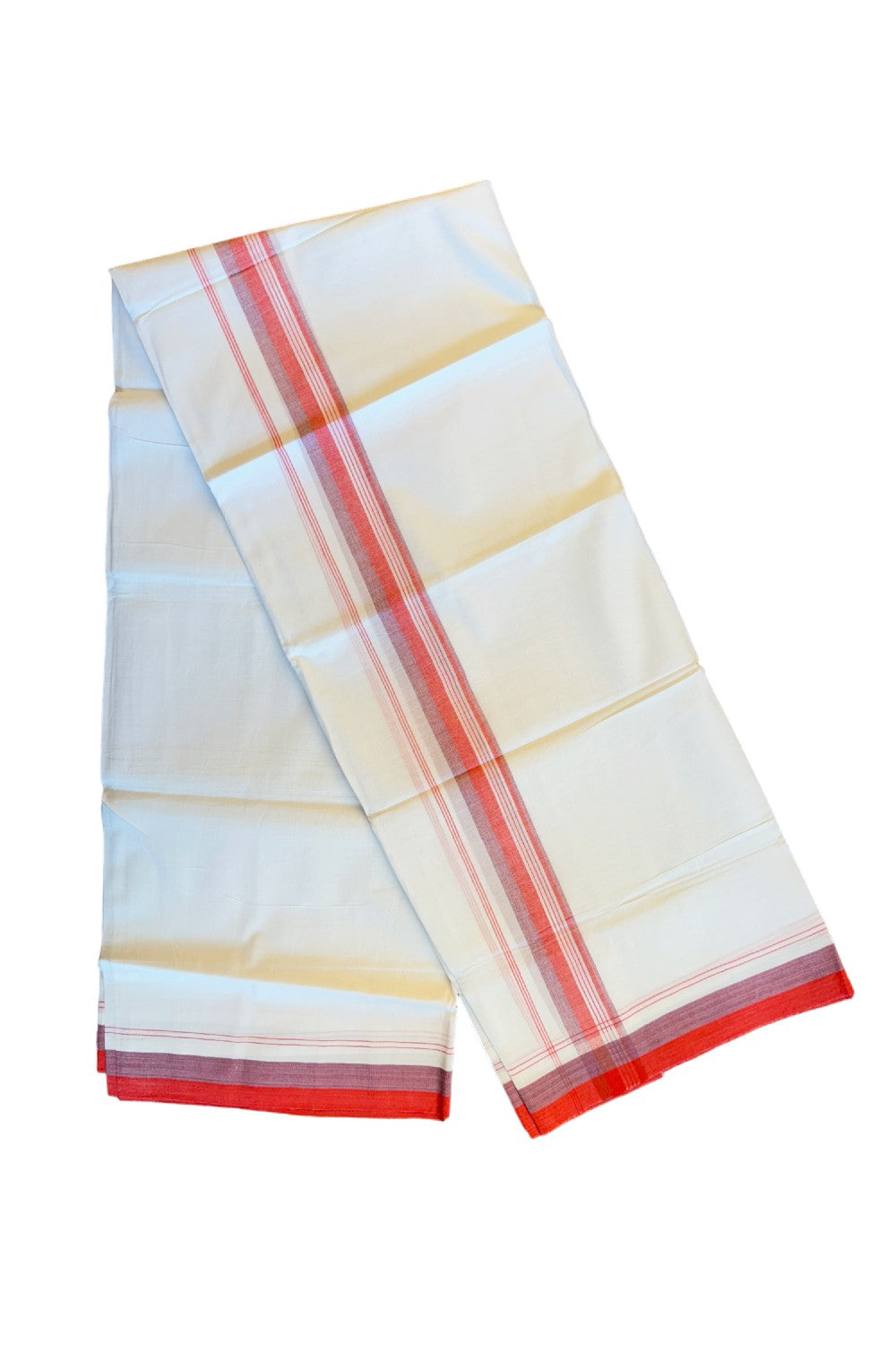 19% DISCOUNT!!! KaithariKada Balaramapuram 100% Cotton Double PURE white Mundu/Dhoti-100x100   2 Inch White side stripes Red & light purple shaded  kara  - 49KK83VIN