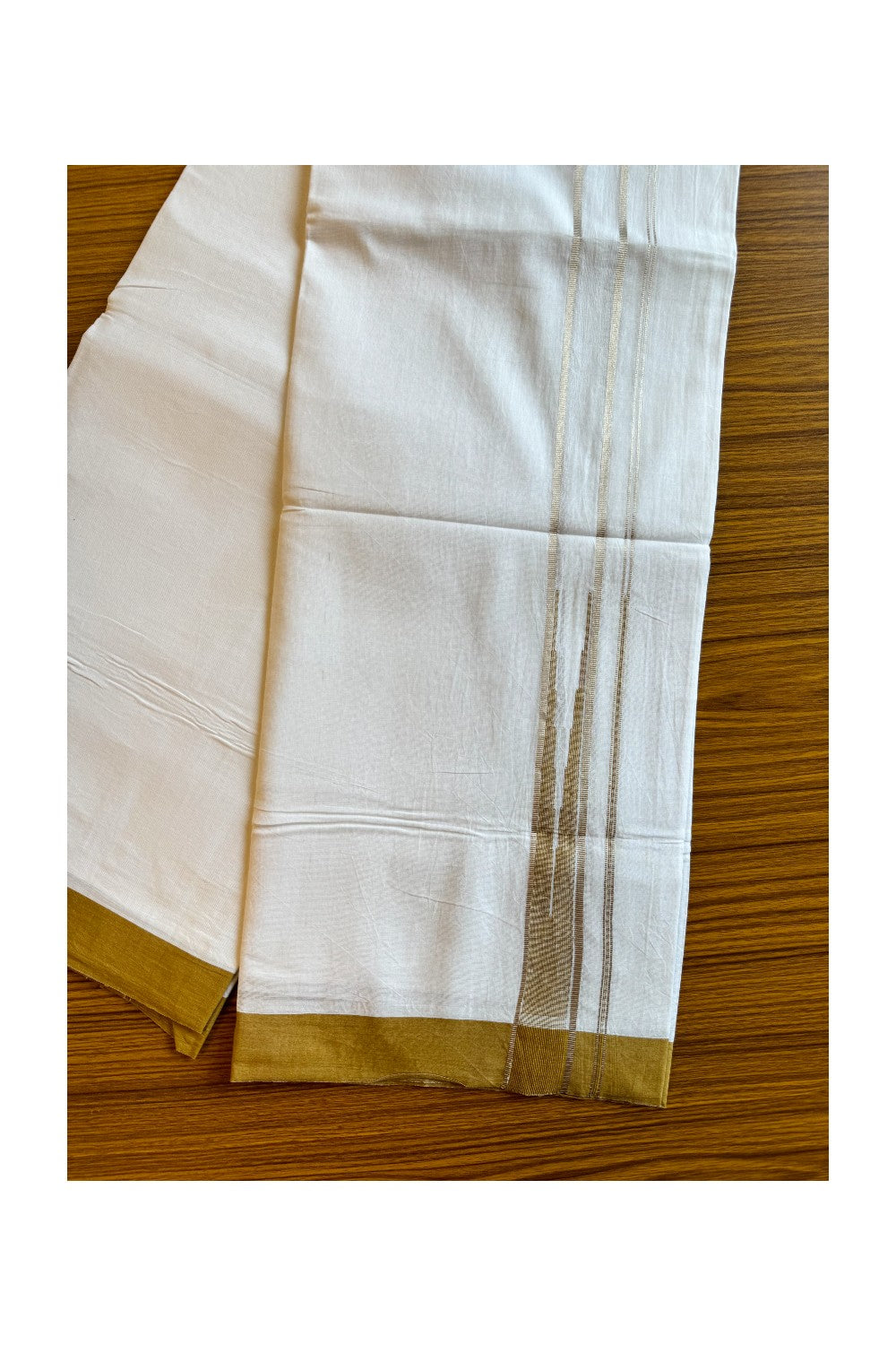 21% DISCOUNT!! Kaitharikada Balaramapuram 100% Cotton PURE WHITE Double Mundu/Dothi-100x100 Puliyilakkara CHUTTY 1.75 Inch Yellow Brown & SILVER STRIPED Cotton Kara - 49KK424CEE