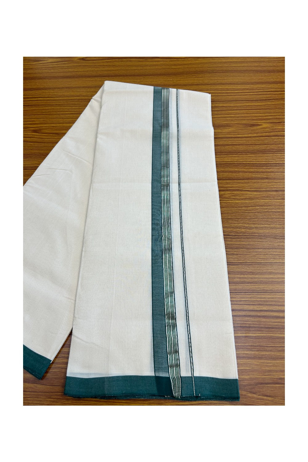 8% DISCOUNT!! KaithariKada HANDLOOM Millpaav Balaramapuram - 100% PURE Cotton OFF White Double - (Unbleached) Mundu/Dothi - 2.25 inch DARK GREEN & SILVER KASAVU Stripes Kara - 49KK5029RAM