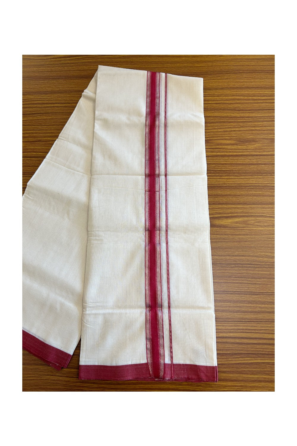 21% DISCOUNT!! KaithariKada HANDLOOM Unakkupaavu Balaramapuram - 100% PURE Cotton OFF White (Unbleached) Double Mundu/Dothi - Silver striped red kara - 17KK203RAM