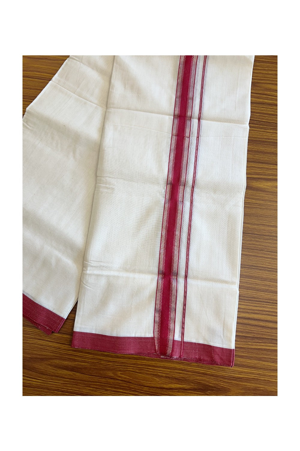 21% DISCOUNT!! KaithariKada HANDLOOM Unakkupaavu Balaramapuram - 100% PURE Cotton OFF White (Unbleached) Double Mundu/Dothi - Silver striped red kara - 17KK203RAM