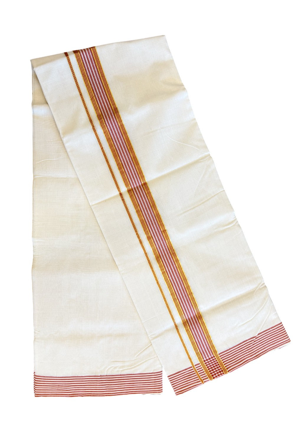 21% Discount KaithariKada HANDLOOM Unakkupaav Balaramapuram - 100% PURE Cotton Off White (Unbleached) Double Mundu/Dhoti - 2.25 inch Kasavu & Brick Red Stripes-220