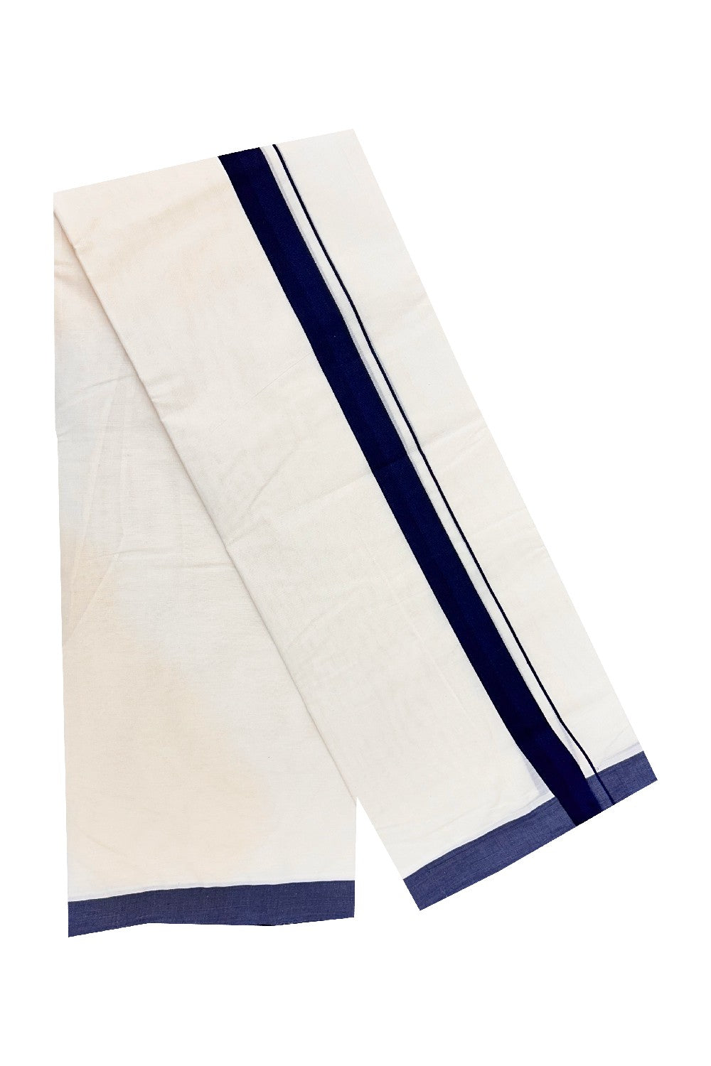 37% Discount! KaithariKada Balaramapuram 100% Cotton Double Off white - (Unbleached) Mundu/Dhoti-100X100-  NAVY BLUE 1.75 inch  Kara.- 5