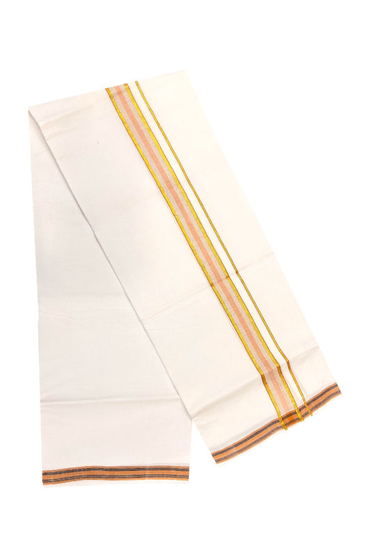 20% OFFER! KaithariKada 100% Cotton Balaramapuram HANDLOOM Single  PURE WHITE Mundu/Dhoti - 2inch Light Brown  Kasavu Kara & Stripes - 5KAI.