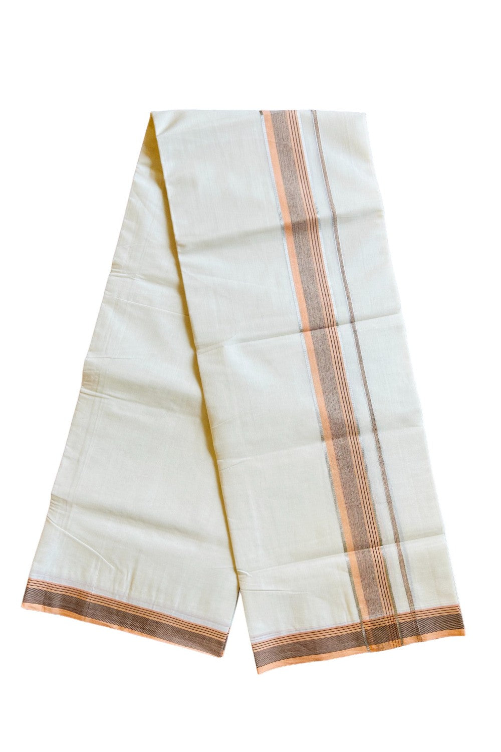 18% DISCOUNT!!! KaithariKada Balaramapuram 100%  Cotton off white Double  Mundu/Dhoti - 100X100  Orange Black& Silver stripes kara - 5KK401VIN