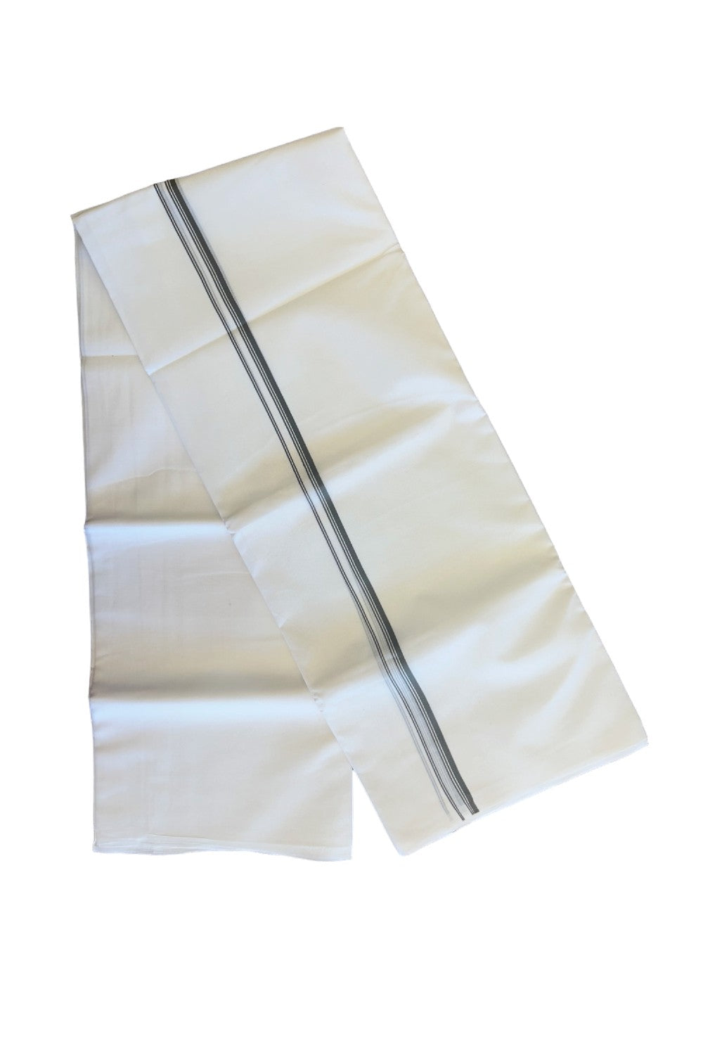 26% DISCOUNT ! KaithariKada Balaramapuram 100% Cotton Double Pure white Mundu/Dhoti-100X100 - Ash Gray & Stripes 2cm Kara.- 5KK406ASH