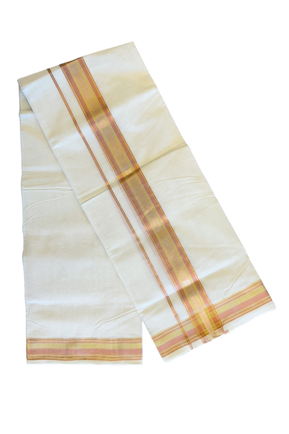 18% DISCOUNT!! KaithariKada HANDLOOM Millpaav Balaramapuram - 100% PURE Cotton OFF White Double Mundu/Dothi - 3 inch Copper & kasavu kara - 5KK410RAM