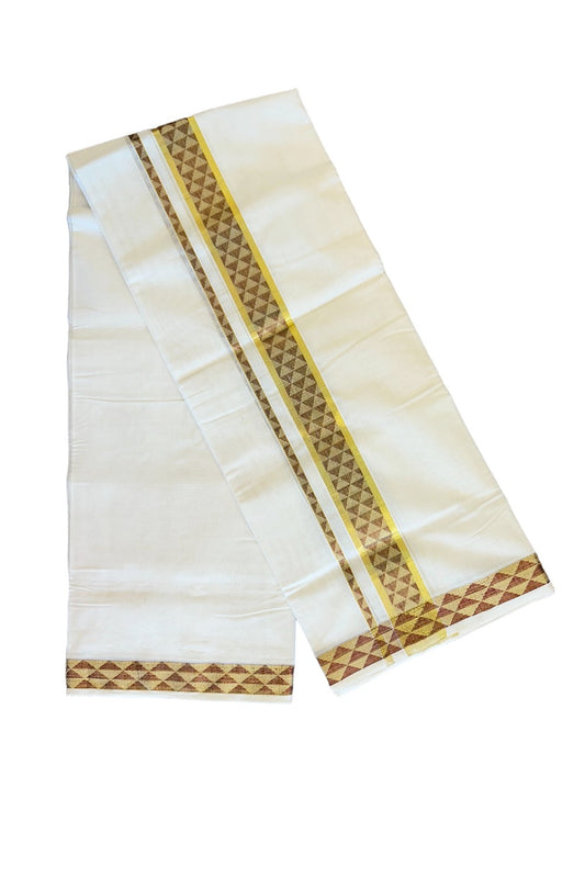 15% Discount!!! KaithariKada HANDLOOM UNAKKUPAAV Balaramapuram - 100% PURE Cotton off white Double Mundu/Dhoti - 3 inch Kasavu & Maroon triangle pattern kara - 5KK415SOM