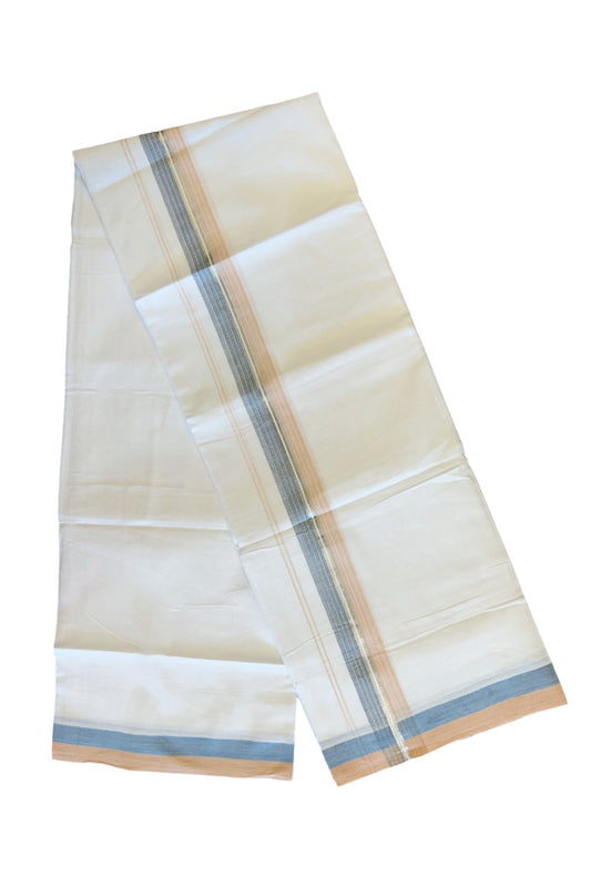 28% DISCOUNT!!! KaithariKada Balaramapuram 100% Cotton PURE white Double Mundu/Dhoti-100x90   2.25 Inch Silver kasavu Sand Brown & Blue shaded stripes kara  - 5KK448VIN