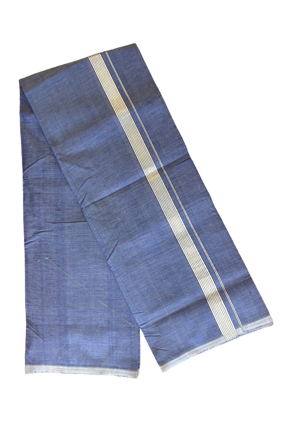 15% Discount! KaithariKada Handloom 100% Cotton Double Mundu/Dhoti - Blue Colour Body & Silver Striped 1.5inch Kara 3.80 mtr - 5KK452SOM