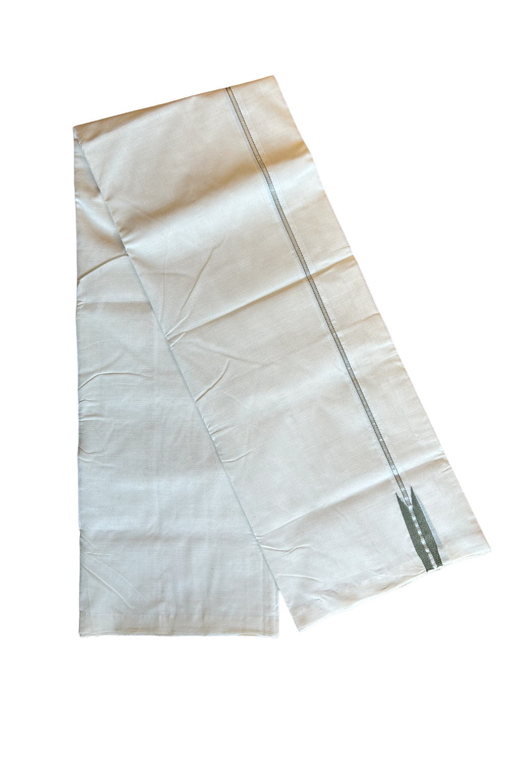 17% DISCOUNT!! KaithariKada HANDLOOM Millpaav Balaramapuram - 100% PURE Cotton OFF White (Unbleached) Double Mundu/Dothi - 0.75 inch Puliyilakkara silver kasavu Olive green chutty - 5KK462RAM