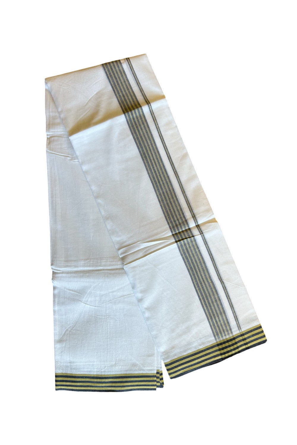 29% DISCOUNT! KaithariKada Balaramapuram 100% Cotton Ultra WHITE Double Mundu/Dhoti-100x100 2.25 inch  Olive green & Black Stripes Cotton kara 3.70m- 5KK493RAM