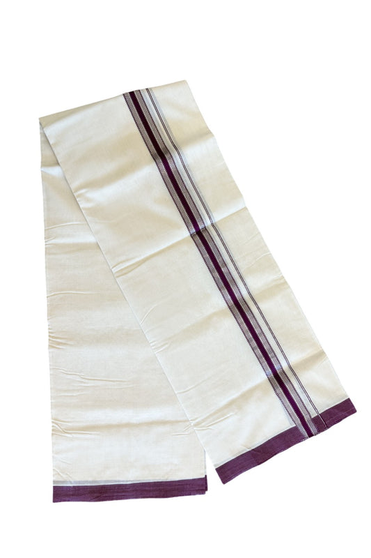 21% DISCOUNT! KaithariKada BALARAMAPURAM HANDLOOM UNAKKUPAAV - 100% PURE Cotton OFF WHITE - (Unbleached) Double Mundu/Dhoti - 1.5inch Purple & Silver Kara - 5KK498KK