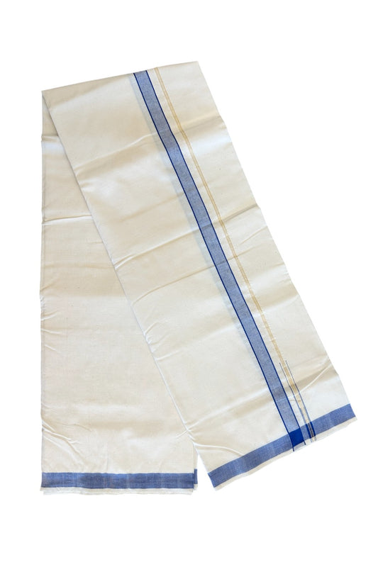 32% Discount KaithariKada 100% Cotton Balaramapuram HANDLOOM Single Mundu/Dhoti - Off White - (Unbleached) Puliyilakara chutty Kasavu & 0.5 inch Blue Kara - 5KK499KK.