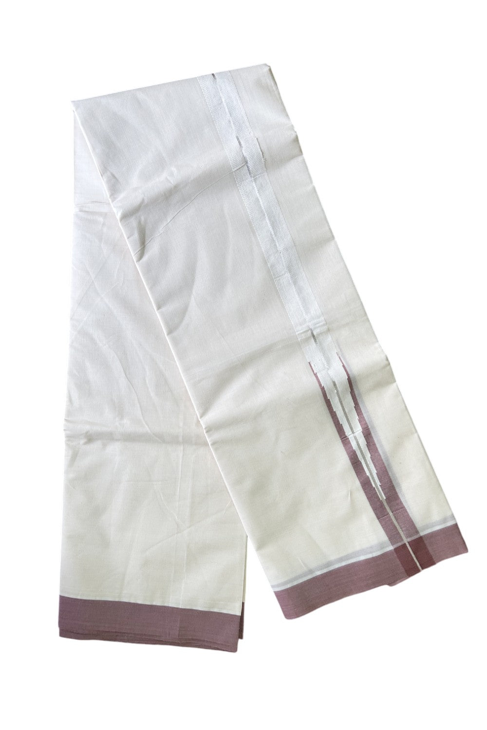 21% Discount KaithariKada Balaramapuram 100% Cotton off white - (Unbleached) Double Mundu/Dhoti - Puliyilakkara Pastel Brown & Silver Big Chutty kara - 5KK5003PMC