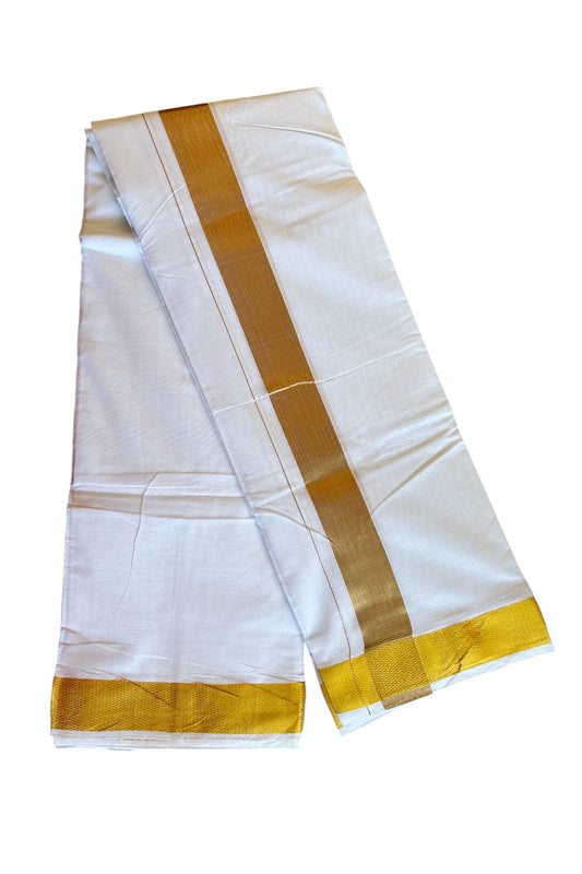 15% DISCOUNT! KaithariKada  Cotton Mix - PURE White - 80x80 thread- 80% Cotton & 20% Polyester- NORTH INDIAN - ATTACHED GAMCHA 9X5 Dhoti- 80x60 - Gold KASAVU 2.5 inch & Border - 5KK5008PMC