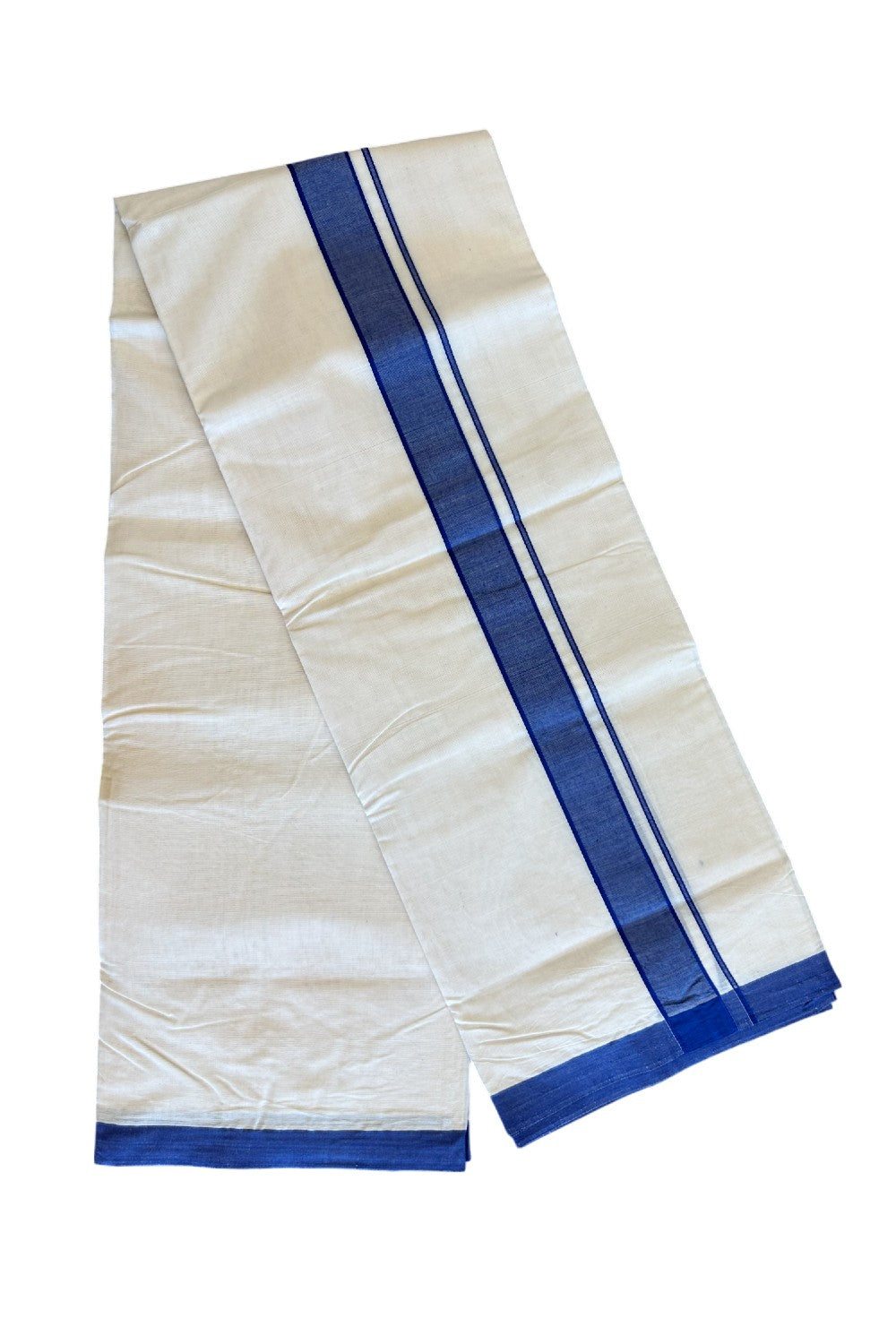 10% Discount KaithariKada Balaramapuram 100% Cotton Double Off white Mundu/Dhoti-100x80 - 2 inch Deep Blue Kara- 5KK500KK