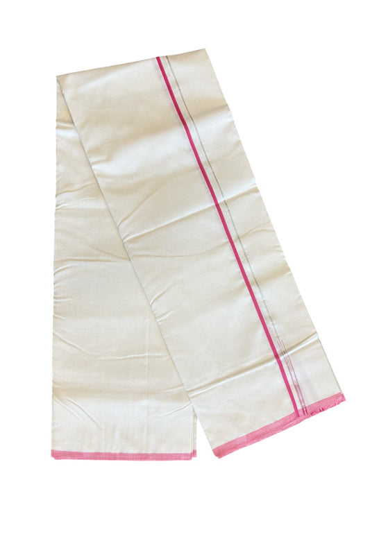 SIGNATURE KAITHARIKADA EXCLUSIVE SINGLE DHOTI - 100% Cotton Balaramapuram HANDLOOM Single Mundu/Dhoti - Off White 0.25 Inch Pink & Silver KASAVU Chutty Kara- 5KK5010KAI