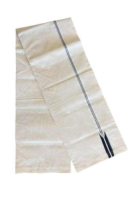 17% DISCOUNT!! KaithariKada HANDLOOM UNAKKUPAAV Balaramapuram - 100% PURE Cotton OFF White Double Mundu/Dothi - 0.75 inch Puliyilakkara silver kasavu & Black chutty - 5KK5011RAM