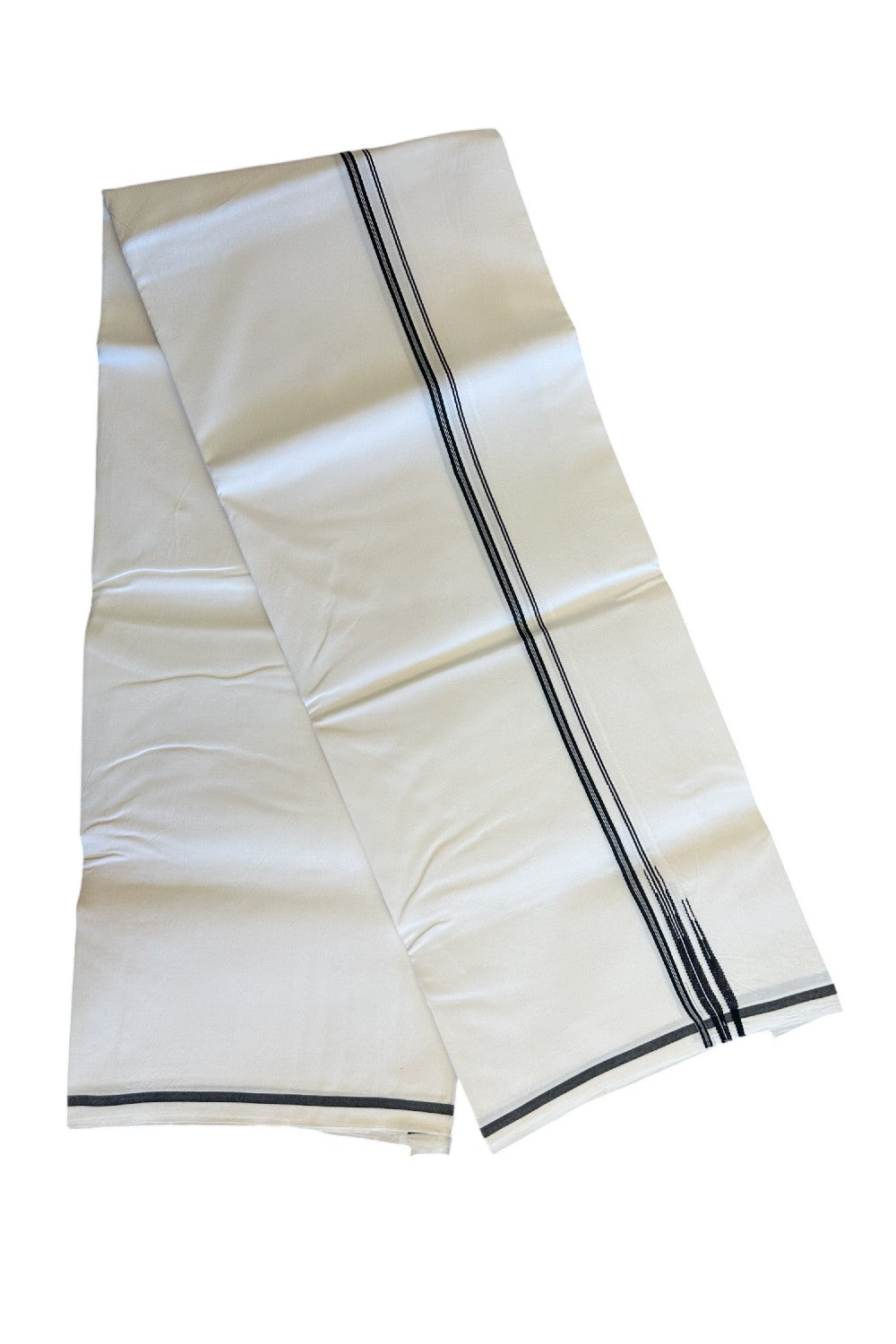 31% DISCOUNT!! KaithariKada Balaramapuram 100% Cotton PURE WHITE Single Mundu/Dhoti-100x100  Puliyilakkara Black stripes double chutty - 5KK5017ASH