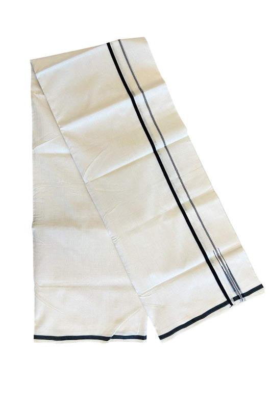 15% Discount!!! KaithariKada HANDLOOM UNAKKUPAAV Balaramapuram - 100% PURE Cotton off white Double Mundu/Dhoti - 0.5 inch Silver kasavu & Black puliyilakkara chutty - 5KK5020RAM