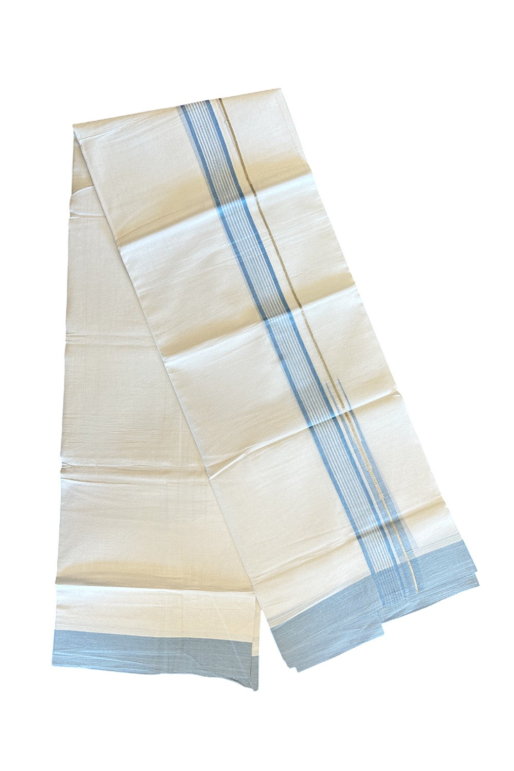 Kaitharikada  Balaramapuram 100% Pure Cotton PURE WHITE Double Mundu/Dothi - 80x92 - 1.5 Inch Sky Blue & Silver striped Chutty kara - 5KK5022VAN