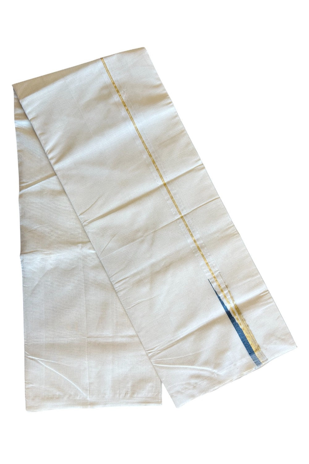 15% DISCOUNT!! KaithariKada HANDLOOM Millpaav Balaramapuram - 100% PURE Cotton OFF White Double - (Unbleached) Mundu/Dothi - 1 inch puliyilakkara Kasavu & Peacock Blue chutty- 5KK5029RAM