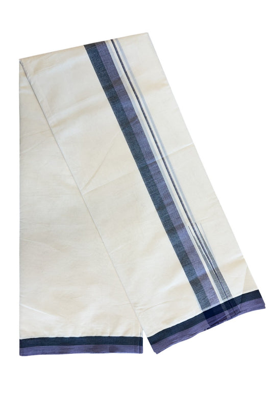 5% Discount!!! KaithariKada Balaramapuram  Double Off white - (Unbleached) Mundu/Dhoti - 80X90 - 1.75 inch Black & Purple shaded puliyilakkara striped chutty - 5KK5037KAI