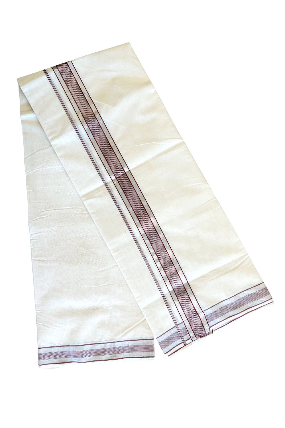 21% DISCOUNT!! KaithariKada HANDLOOM Millpaav Balaramapuram - 100% PURE Cotton OFF White Double Mundu/Dothi - 2.5 inch MAROON & Silver stripes kara - 5KK503RAM