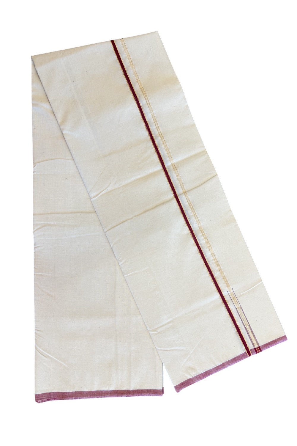 SIGNATURE KAITHARIKADA EXCLUSIVE SINGLE DHOTI - 100% Cotton Balaramapuram HANDLOOM Single Mundu/Dhoti - Off White - (Unbleached) 1 cm Maroon & KASAVU Chutty Kara- 5KK5040KAI