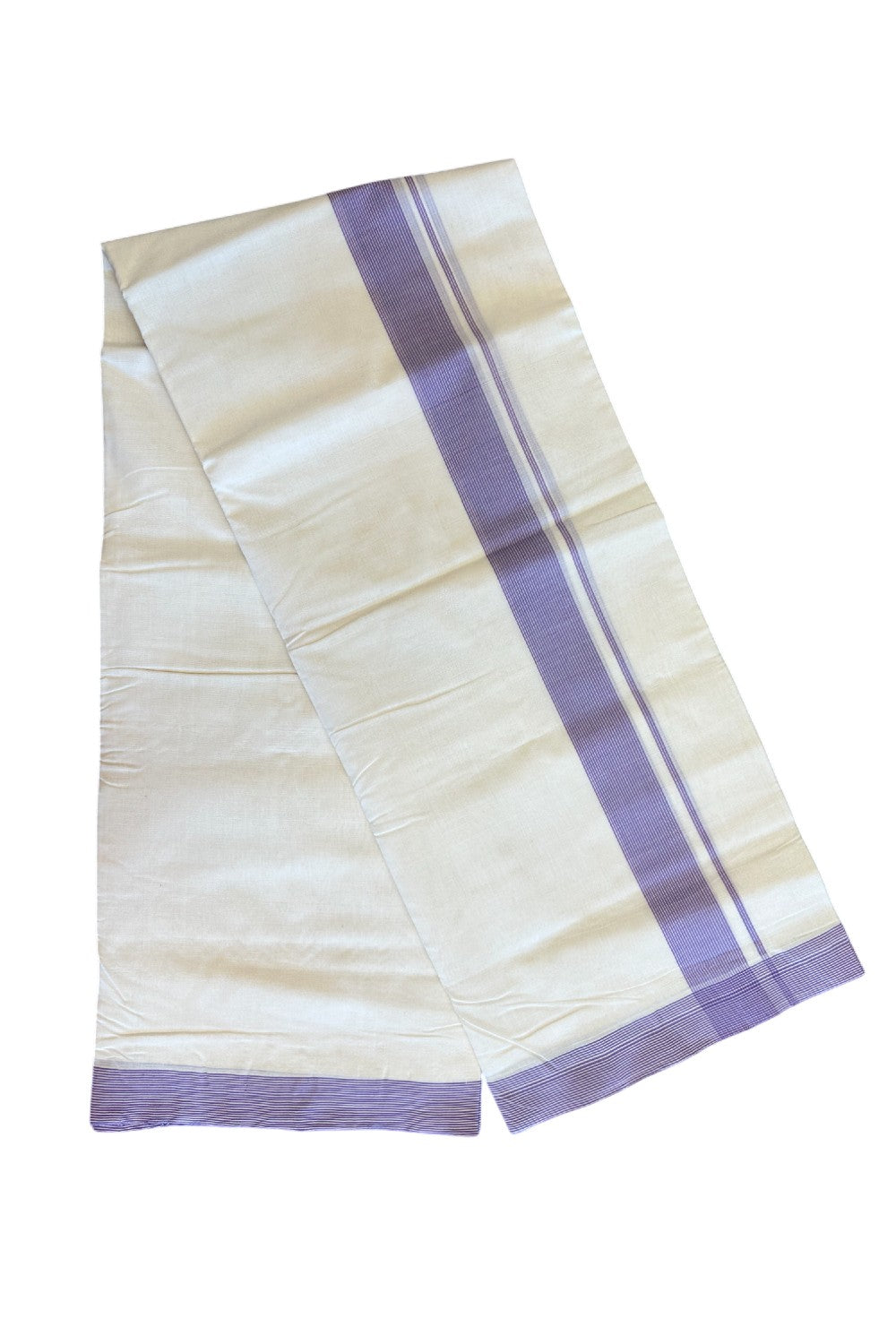 15% DISCOUNT!! KaithariKada HANDLOOM UNAKKUPAAV Balaramapuram - 100% PURE Cotton OFF White Double - (Unbleached) Mundu/Dothi - 2.25 inch Lavender Stripes Kara 4.5 Meters (10 Muzham) - 5KK5041SOM