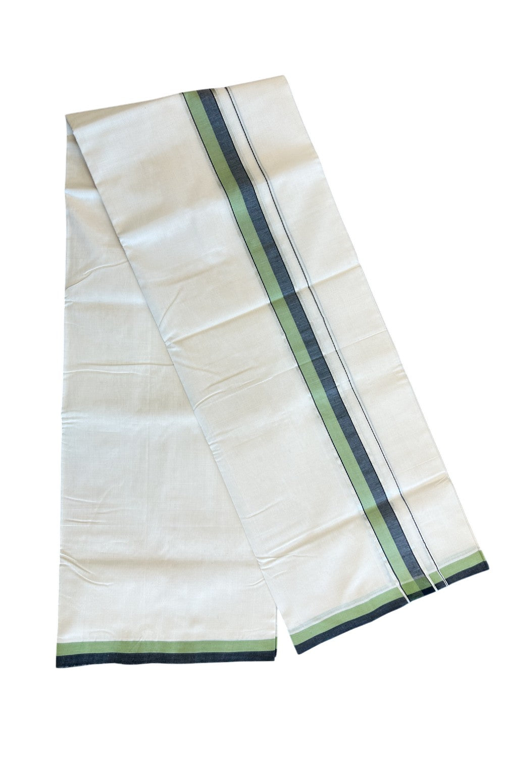 21% Discount KaithariKada HANDLOOM Unakkupaav Balaramapuram - 100% PURE Cotton off white (Unbleached) Double Mundu/Dhoti -  2.inch  Silver Kasavu Green & Black-155