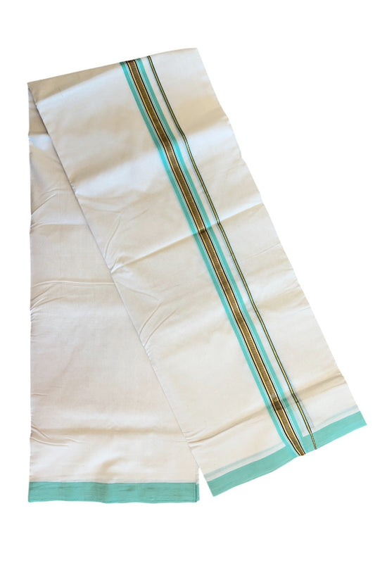 15% DISCOUNT! KaithariKada BALARAMAPURAM HANDLOOM UNAKKUPAAV - 1.75inch 100% PURE Cotton Off white (Unbleached) Double Mundu/Dhoti - Kasavu & Turquoise Green Stripes Kara-66