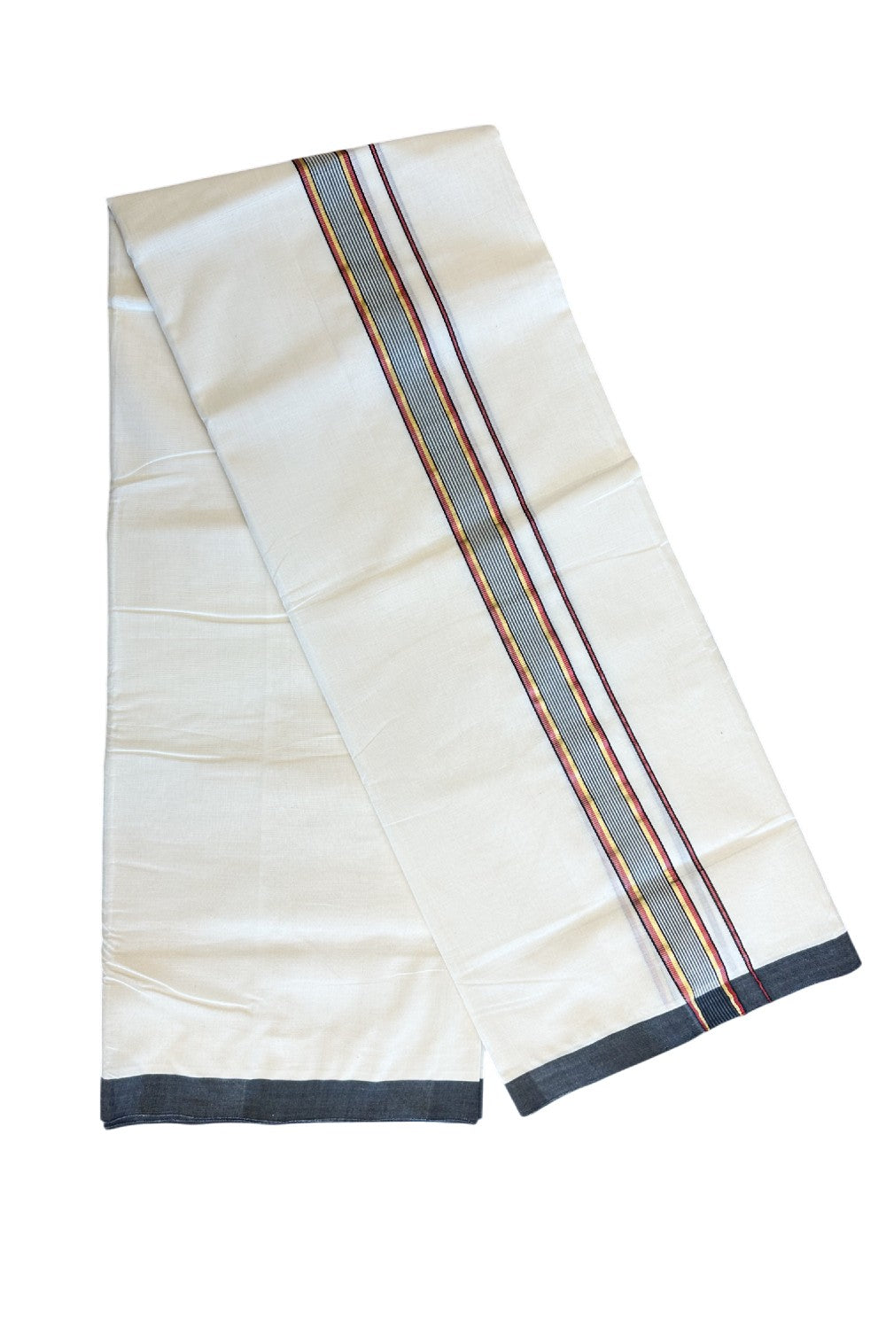 19% DISCOUNT!! KaithariKada HANDLOOM Millpaav Balaramapuram - 100% PURE Cotton OFF White Double - (Unbleached) Mundu/Dothi - 2 Inch Red & Black Gold Kasav Striped Kara - 5KK5056RAM