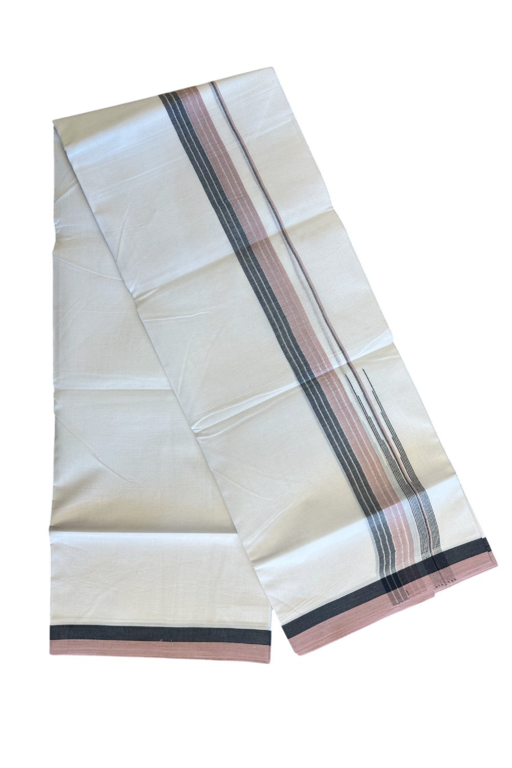 19% Discount!!! KaithariKada Balaramapuram  PURE WHITE Double Mundu/Dhoti - 80X90 - 2 inch Silver stripes Black & Dusty Rose  puliyilakkara striped chutty kara 3.85 meters - 5KK5058GUN