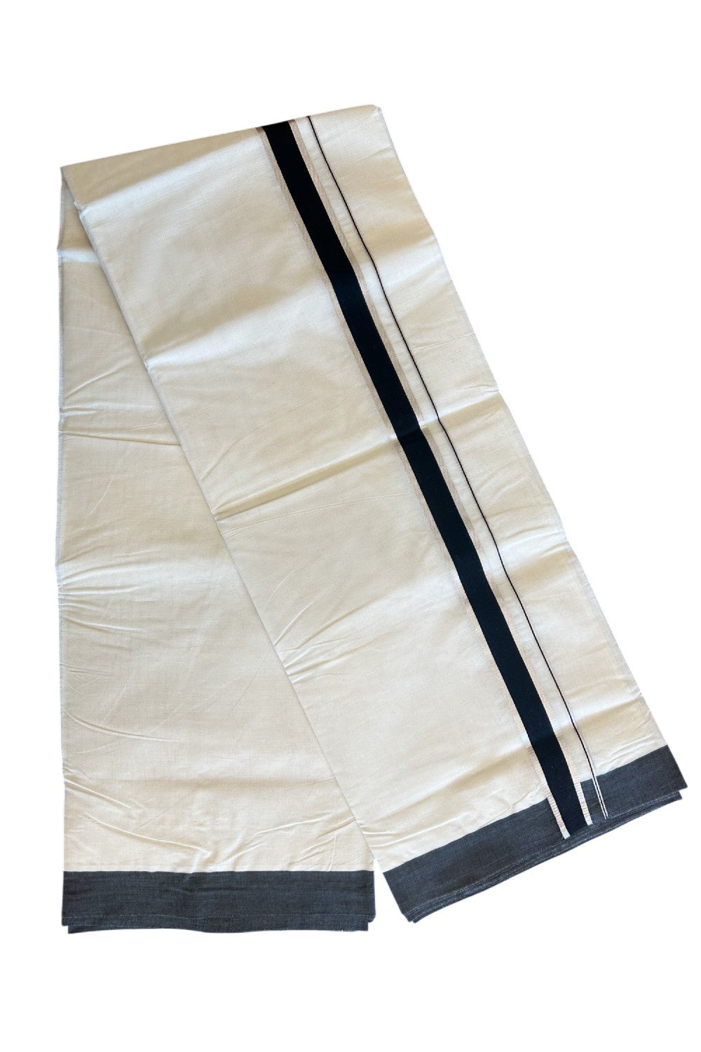 19% Discount ! KaithariKada Balaramapuram 100% Cotton Double Off white - (Unbleached) - Mundu/Dhoti-80x72 - 1.75inch Silver Kasavu & Black Kara.- 2