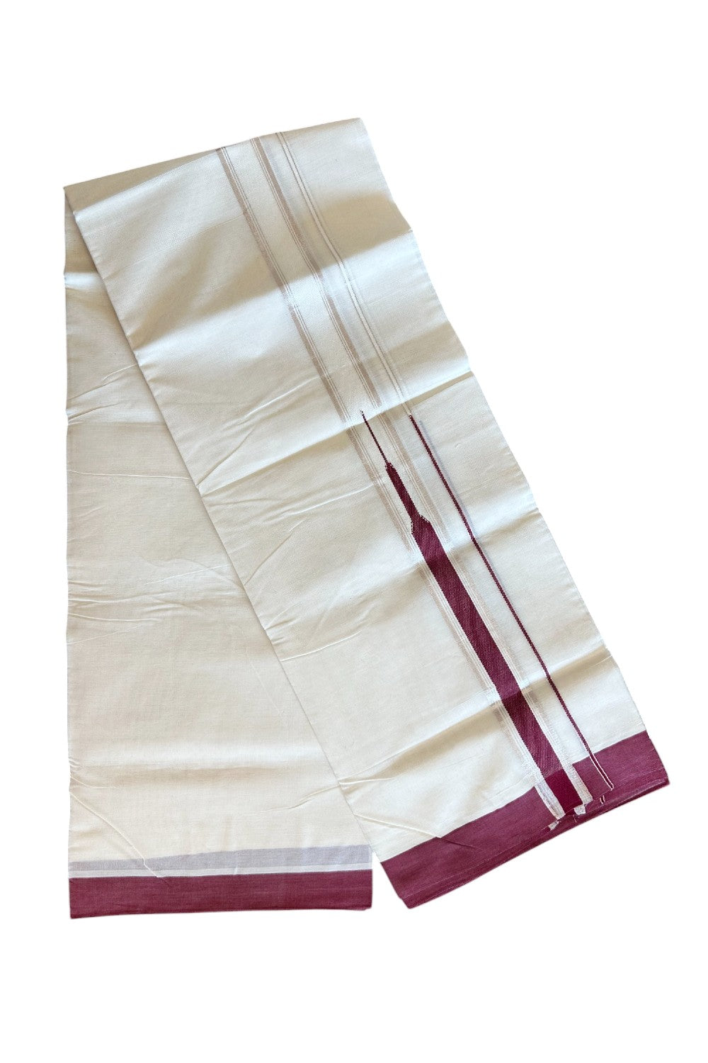 24% DISCOUNT! KaithariKada Balaramapuram 100% Cotton Double Off white - (Unbleached) Mundu/Dhoti-100x100 2 inch Chutty Heavy Designer Dark Maroon & SILVER Kasavu Kara - 5KK5063KK