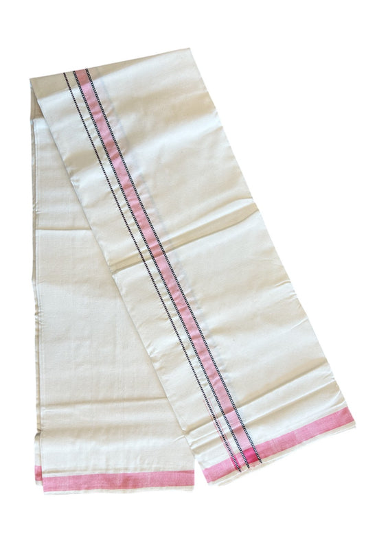 32% Discount ! KaithariKada 100% Cotton Balaramapuram HANDLOOM Single Mundu/Dhoti - Off White (Unbleached) 1.Inch Pink & Stripes Patterned Puliyilakkara Chutty- KK32KAI