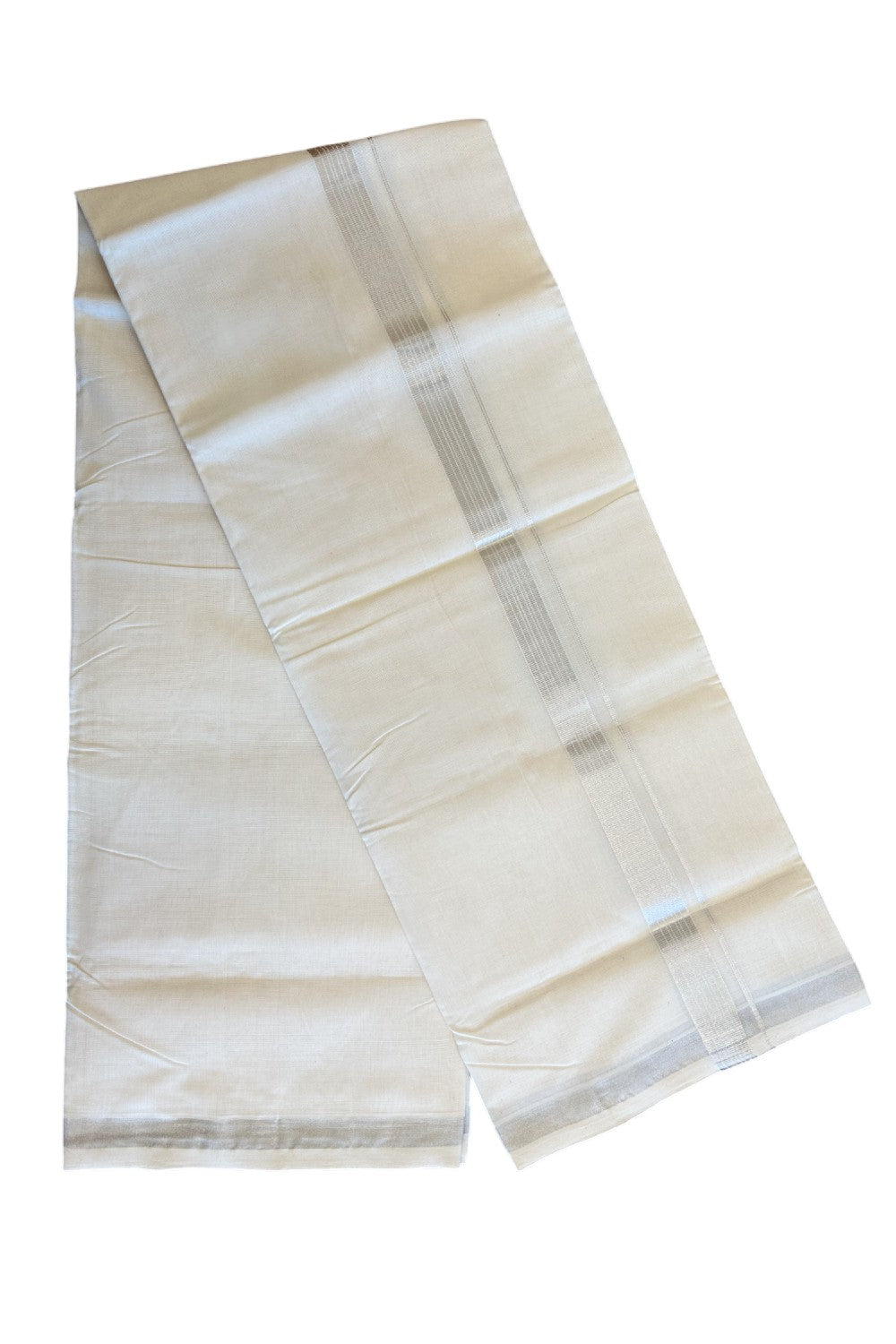 25% DISCOUNT ! KaithariKada HANDLOOM Millpaav Balaramapuram - 100% PURE Cotton Off White - (Unbleached) Double Mundu/Dhoti - Silver KASAVU Stripes Design-6KK43RAN.