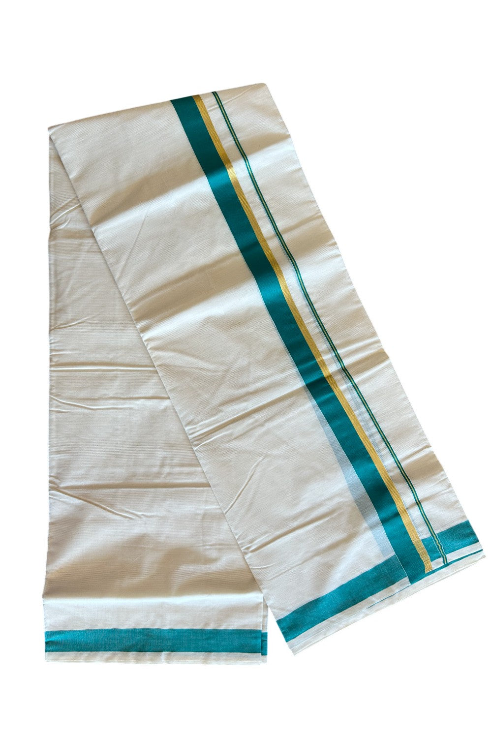 10% Discount! KaithariKada Balaramapuram 100% Cotton Off White - (Unbleached) Double Mundu/Dhoti-80x72 GREEN & KASAVU - 2KK57VIN